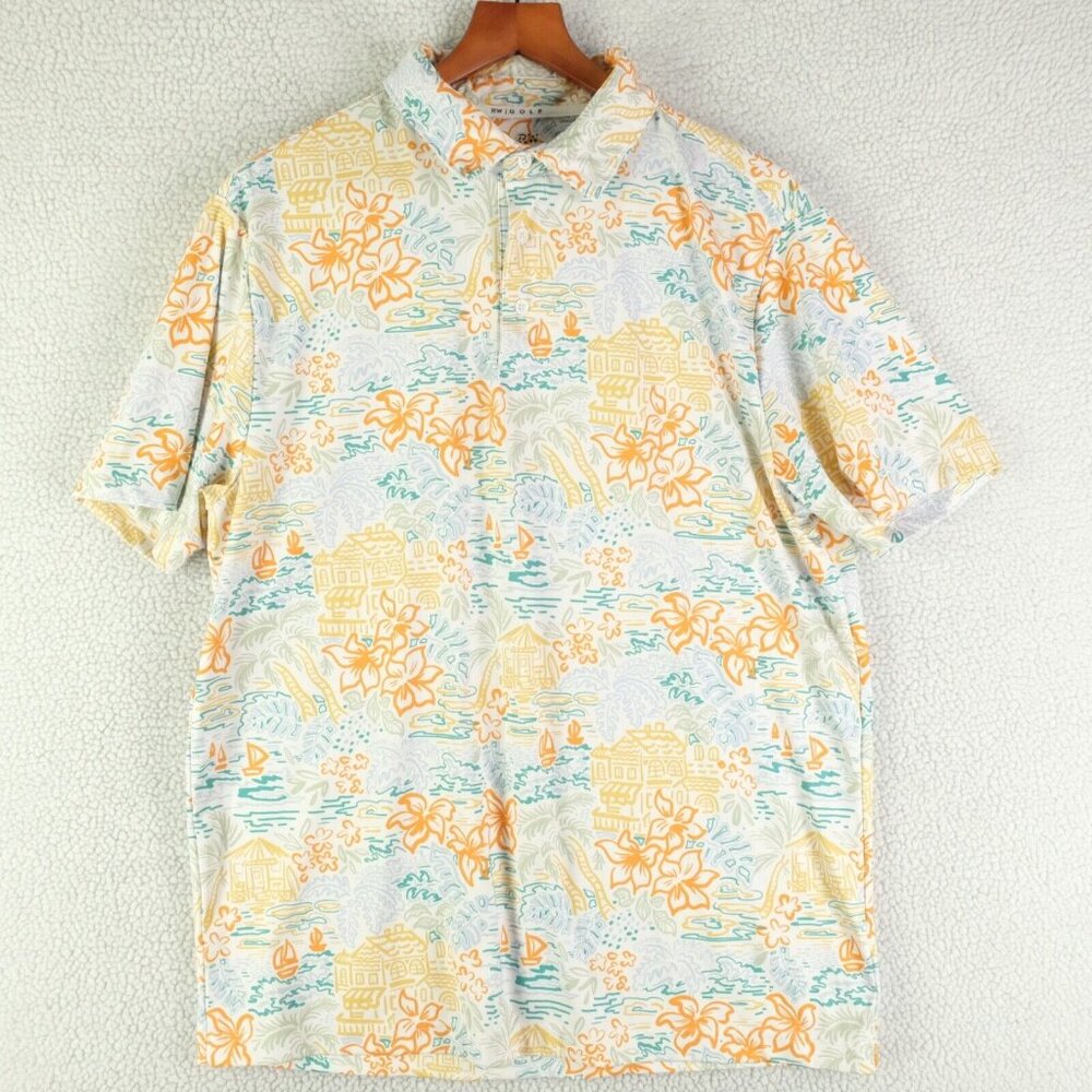 Rorie Whelan Polo Mens Large White Orange Floral Tropical Performance Golf RW